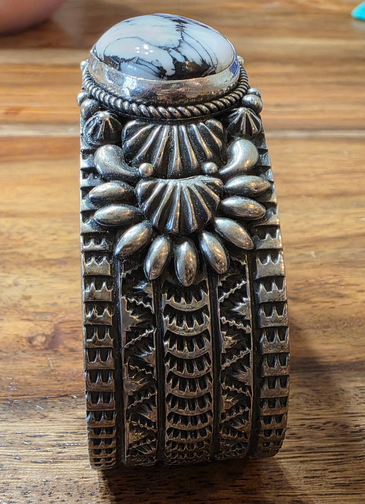 Navajo White Buffalo Wide Ornate Sterling Silver Cuff Bracelet Signed J.O. White