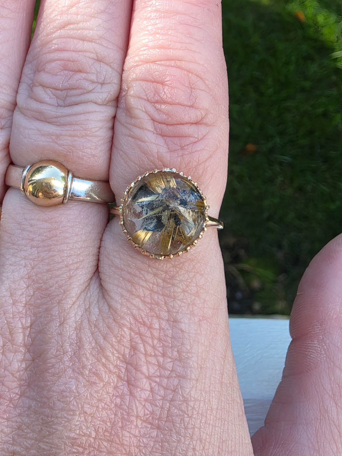 14K Gold Star Rutilated Quartz Cabochon Ring – Antique Style Beaded Statement