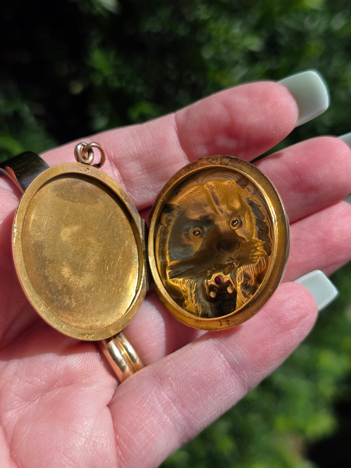 Large Antique 10k Gold Roaring Lion Locket with Diamonds and Garnet