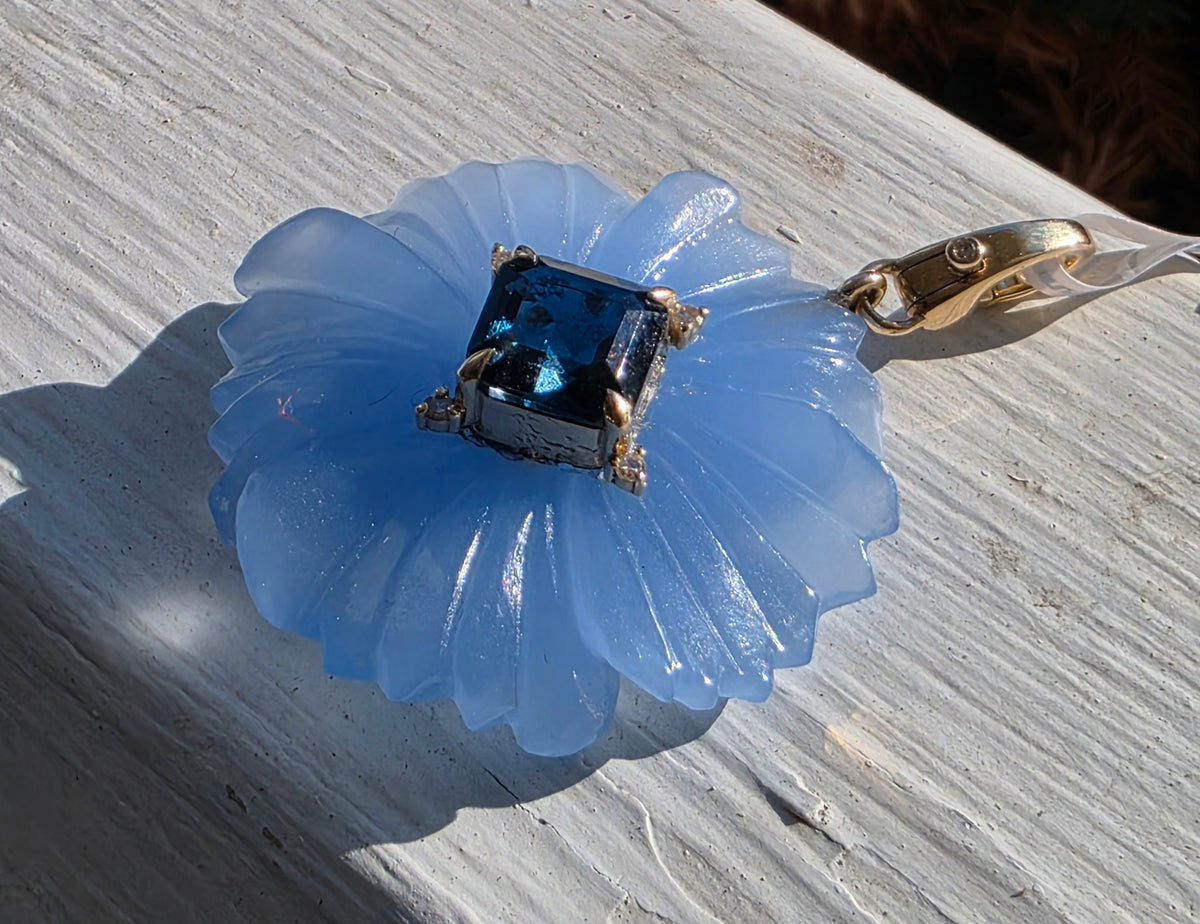 Chalcedony & London Blue Topaz Carved Flower Pendant