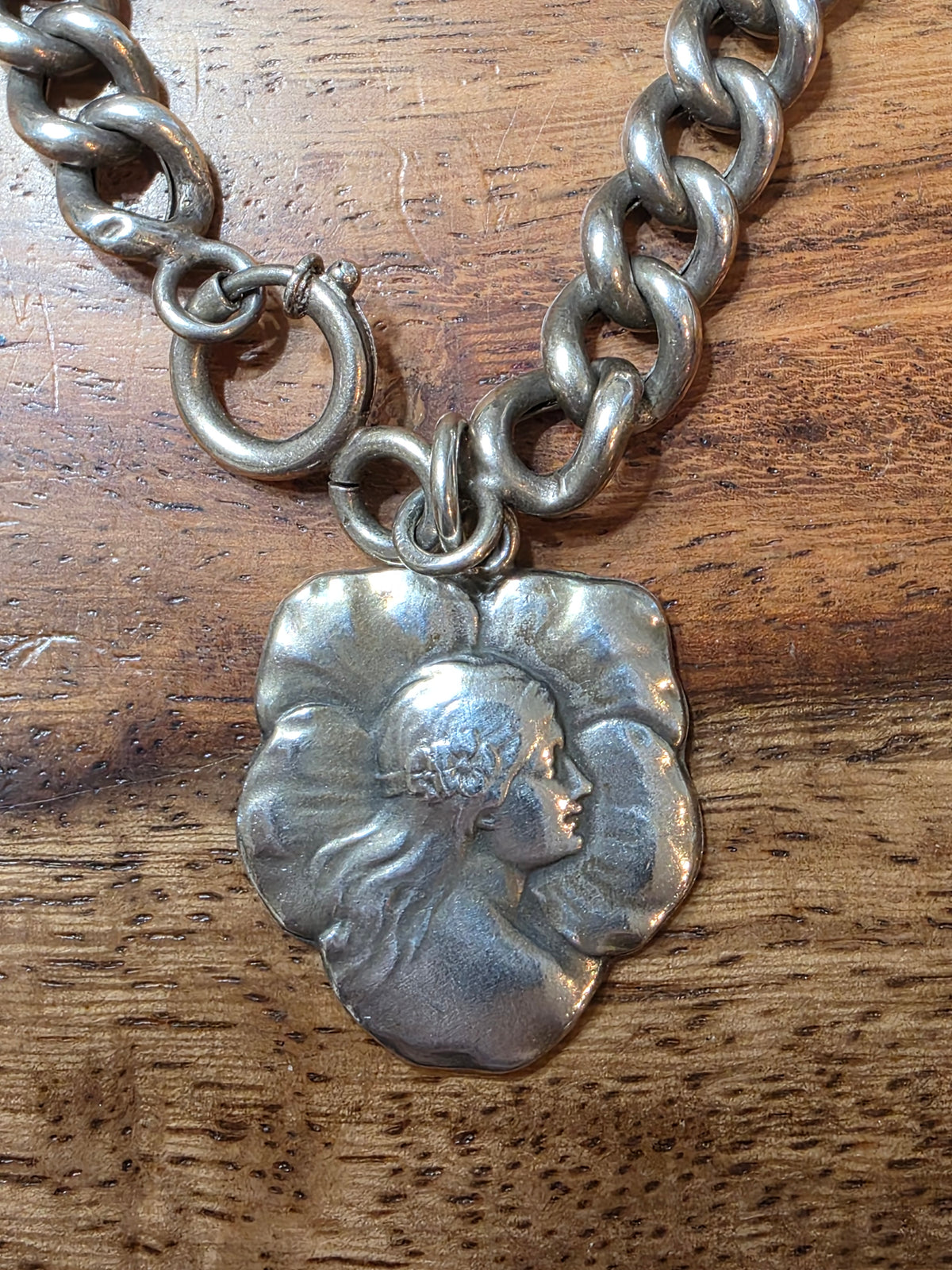 Antique Art Nouveau 800 Silver Gibson Girl Charm Bracelet, Curb Chain