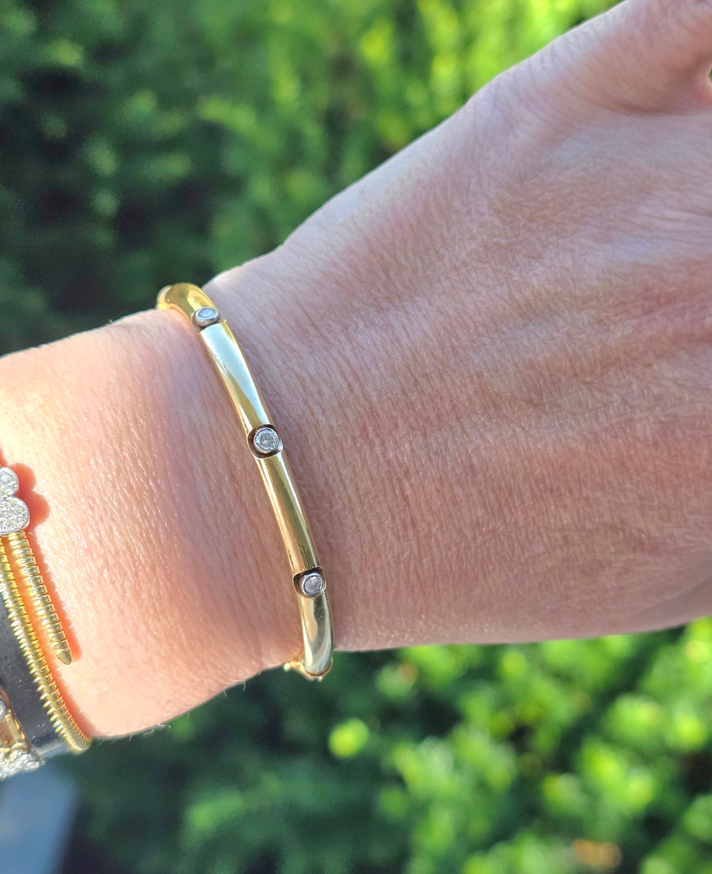 Vintage 14k Gold and Bezel Set Diamond Bangle Bracelet