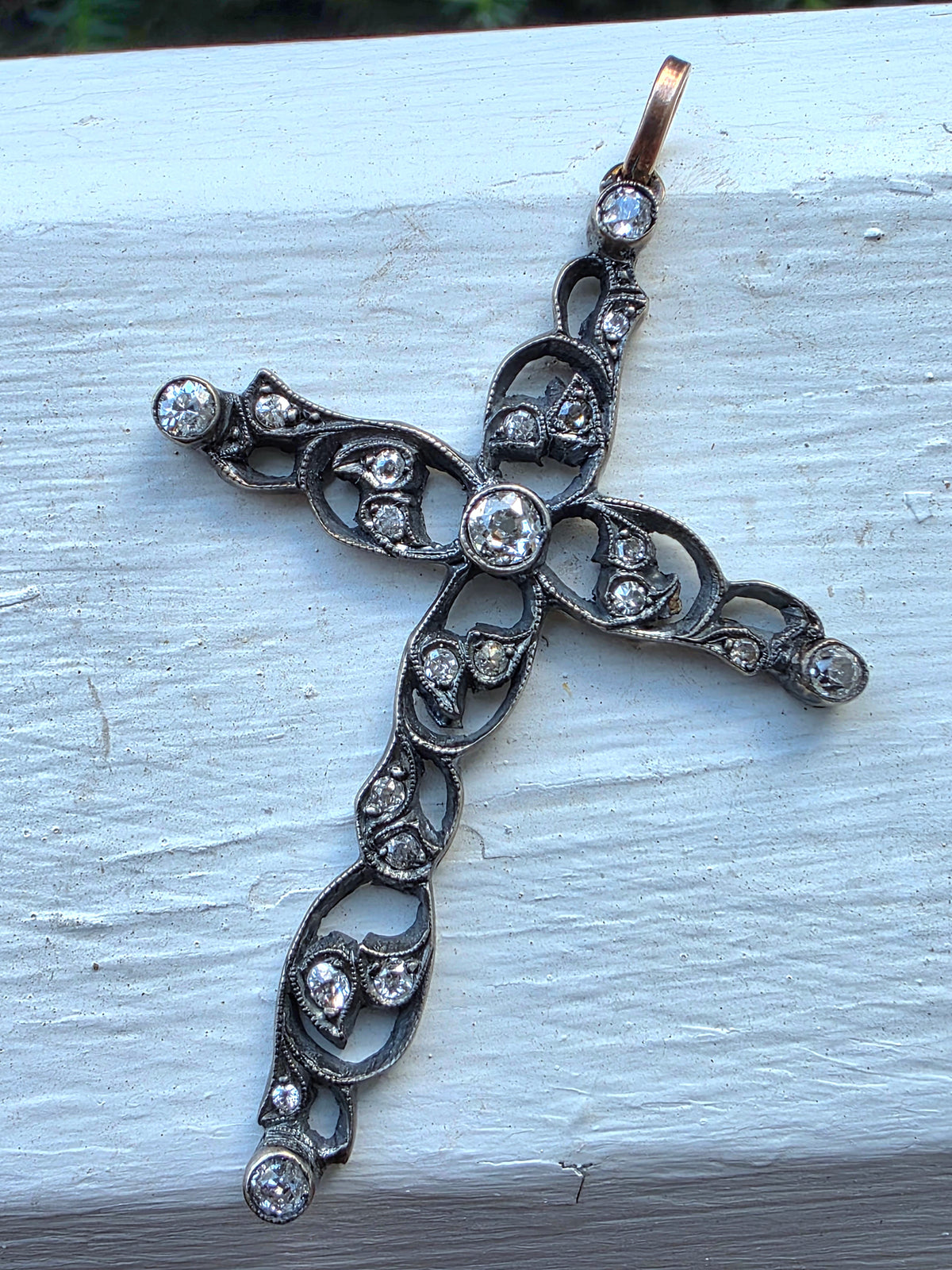 Antique Silver & Gold Rose Cut Diamond Cross Pendant