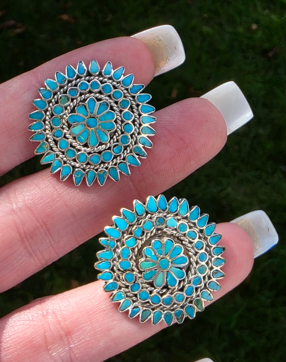 Vintage Zuni Indian Turquoise Flush Inlay Earrings, Sterling Silver, Pierced