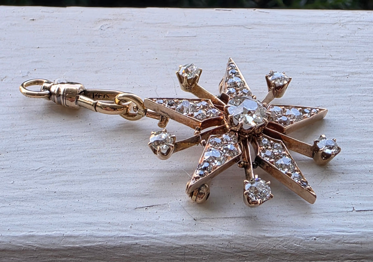 Antique Victorian 14K Gold Diamond Celestial Starburst Brooch Pendant Old European Cut 3.3ctw