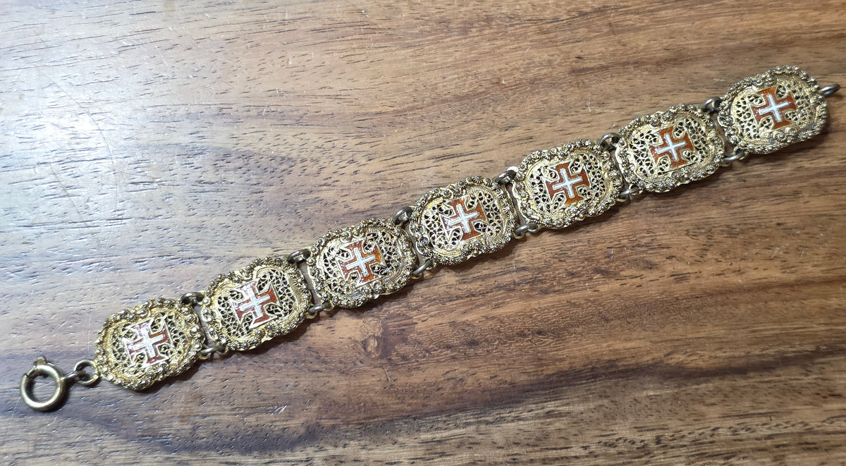 Antique Portuguese .833 Silver Vermeil Filigree Bracelet Order of Christ Enamel