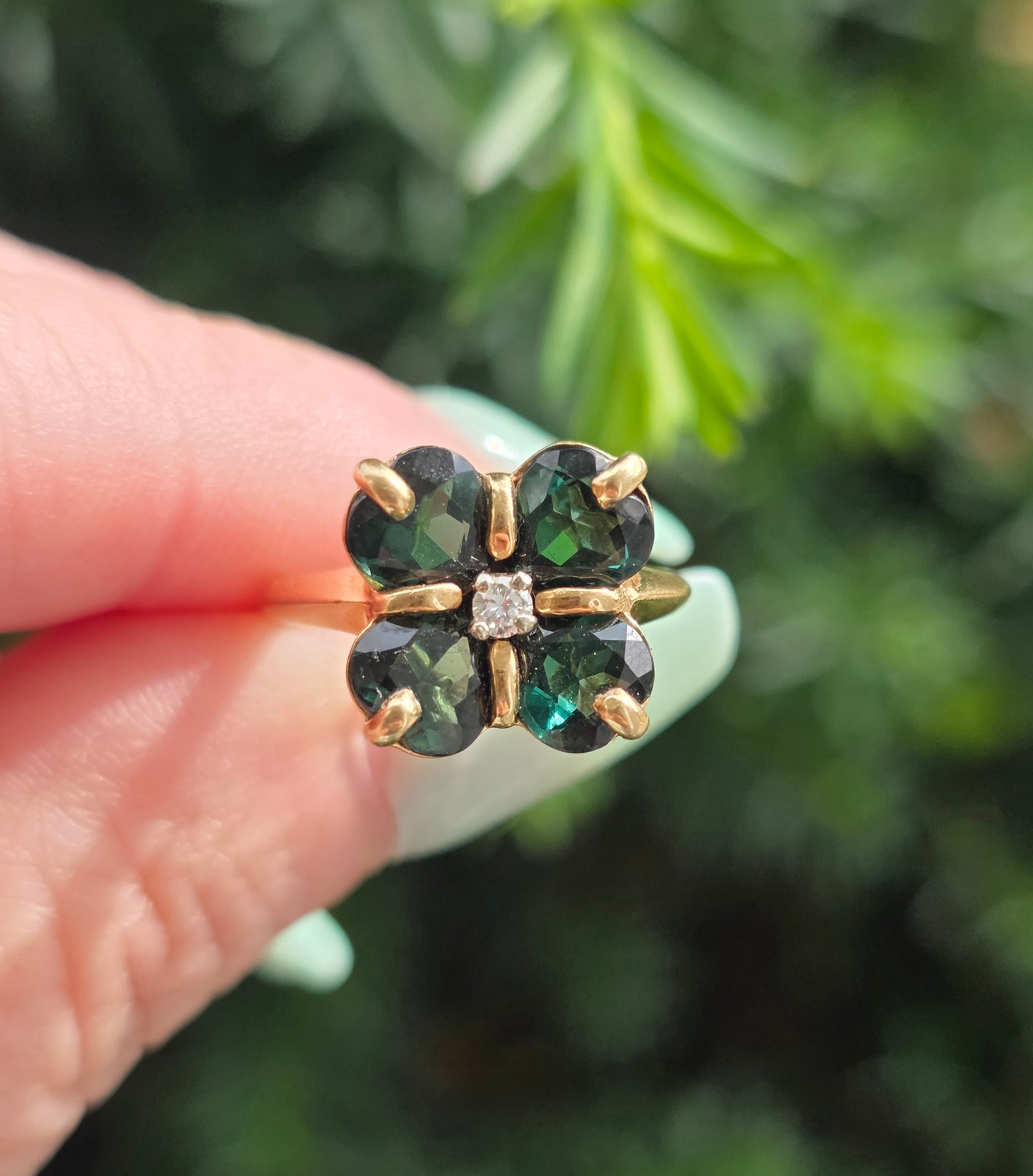 Green Tourmaline and Diamond 4 Leaf Clover Ring