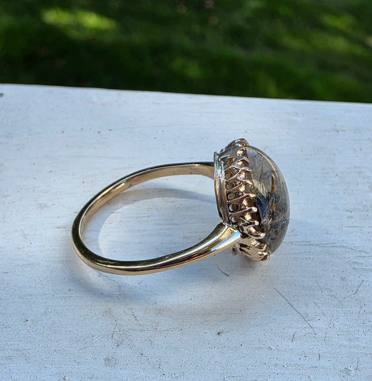 14K Gold Star Rutilated Quartz Cabochon Ring – Antique Style Beaded Statement