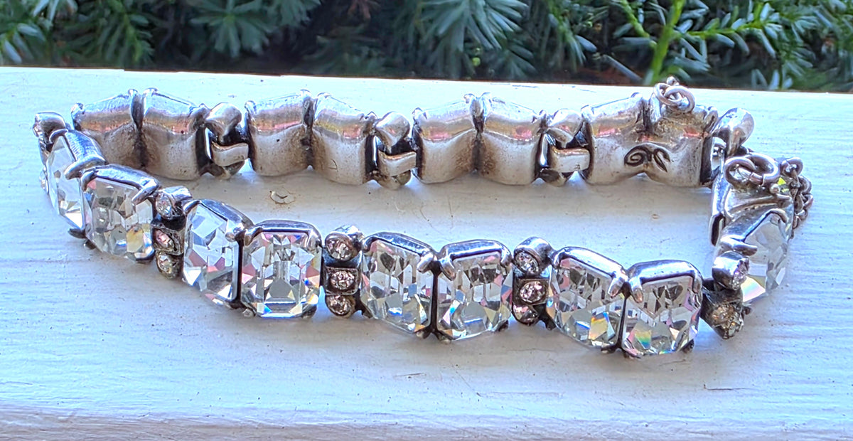 Vtg 1940s Eisenberg Original Sterling Silver Emerald Cut Rhinestone Bracelet
