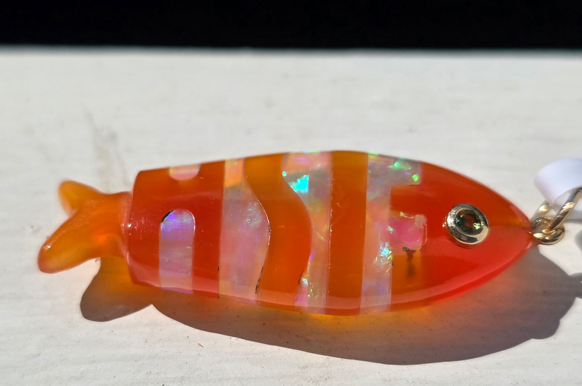 Orange Onyx, Opal 14k Gold Fish Pendant
