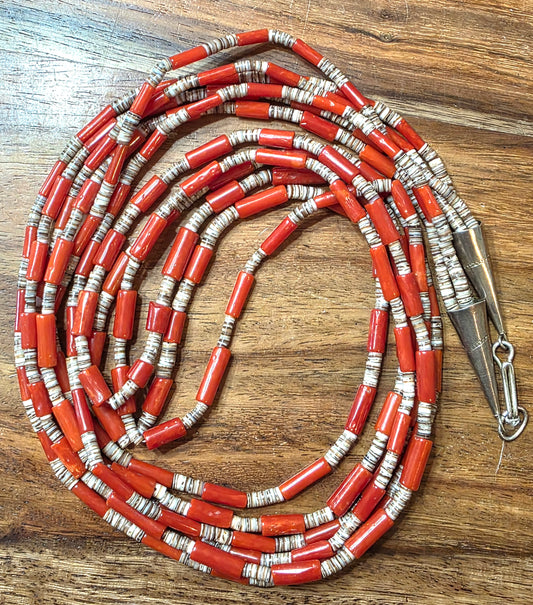 Vintage Santo Domingo Coral and Heishi Bead Triple Strand Necklace