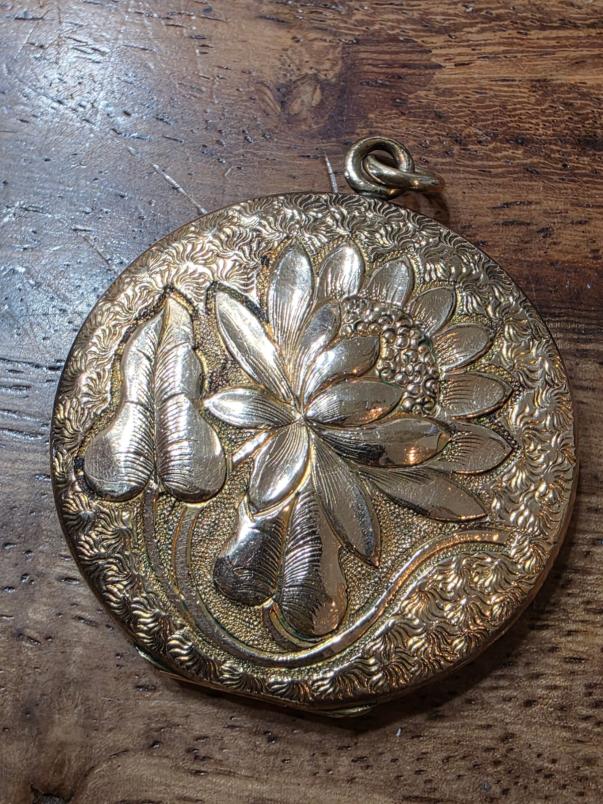 Antique Art Nouveau Gold Filled Repousse Locket Pendant Water Lily Flower c1900