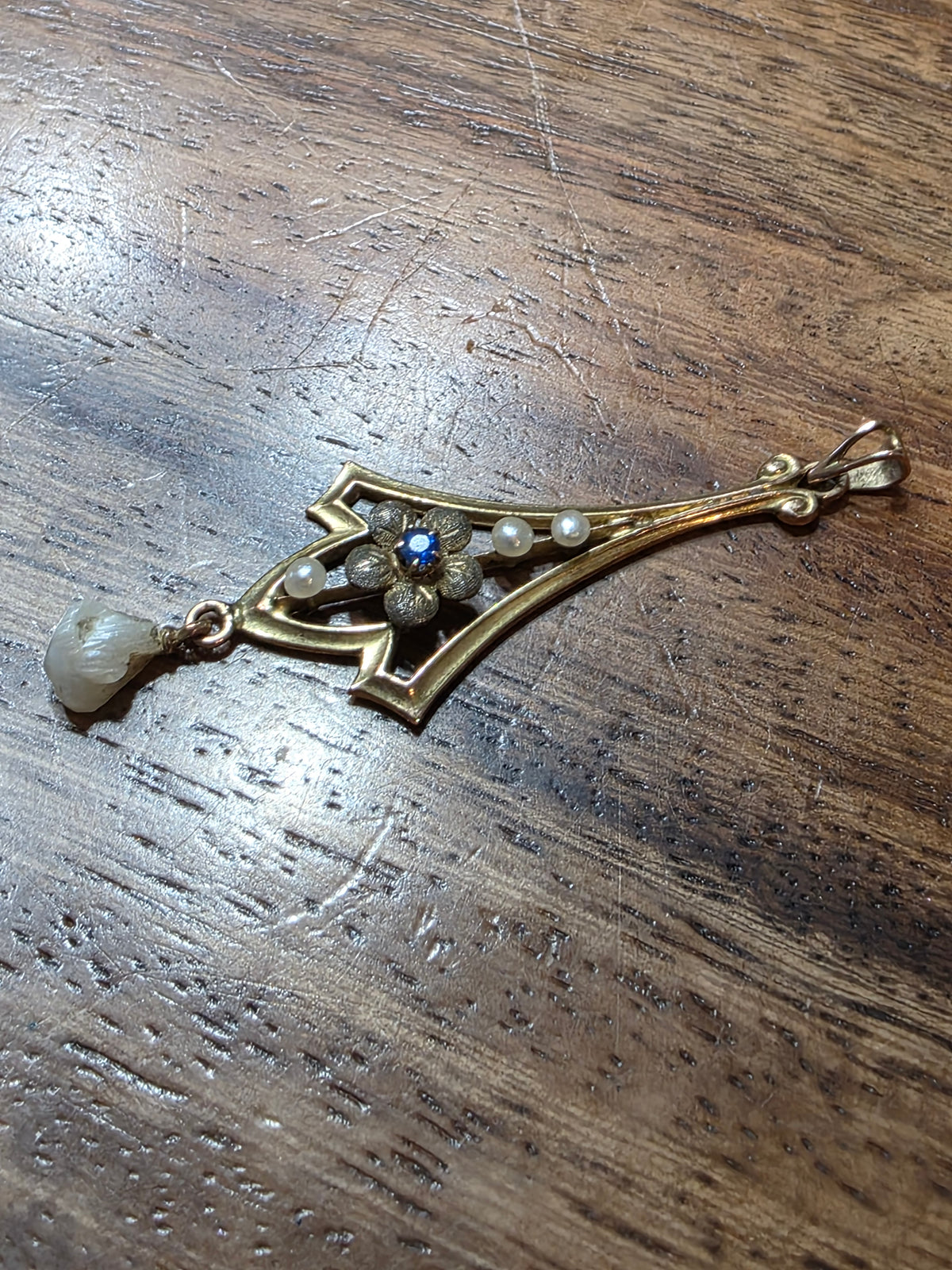 Antique Art Nouveau 10k Gold Lavalier Pendant Sapphire & Dog Tooth Pearl Drop