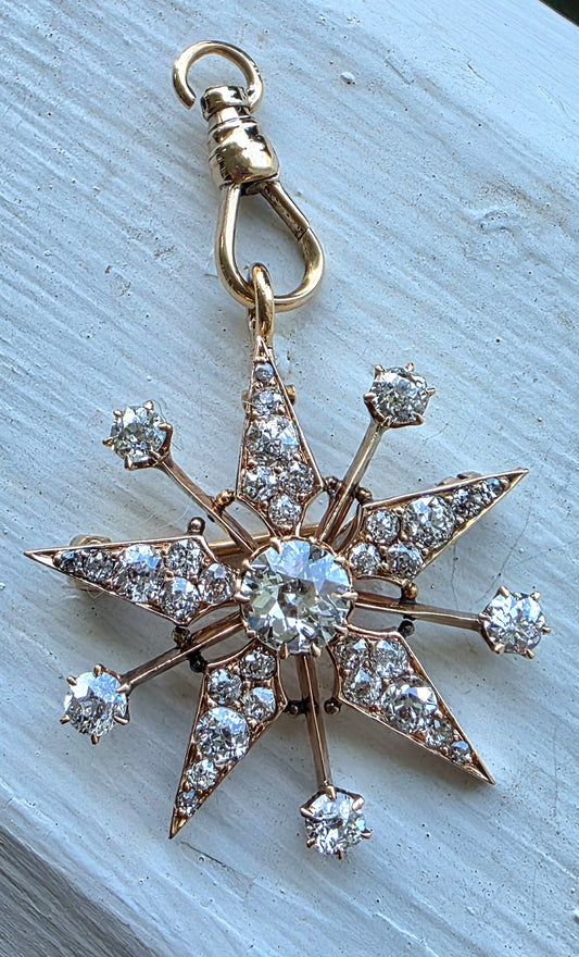 Antique Victorian 14K Gold Diamond Celestial Starburst Brooch Pendant Old European Cut 3.3ctw