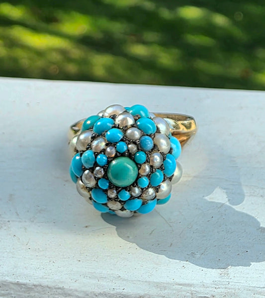 Vintage 14K Yellow Gold Falconi Signed Turquoise Pearl Basket Dome Cluster Ring
