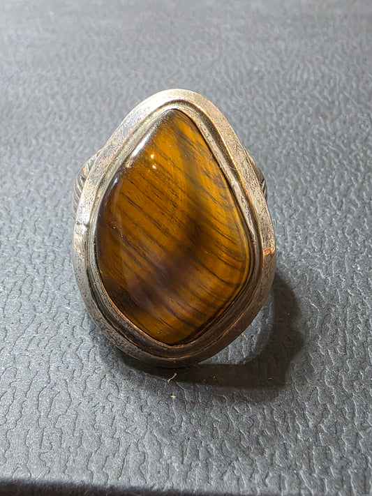 Vintage Modernist Sterling Silver Tiger Eye Ring MCM Statement 925 Handmade