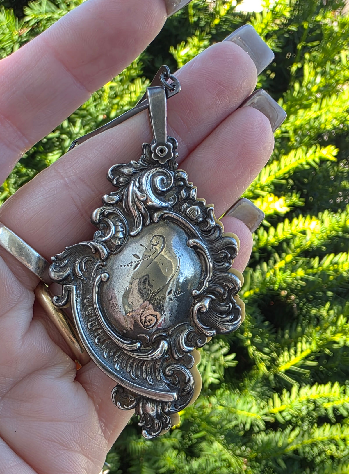 Victorian Sterling Repousse Dance Card Pendant on Articulated Chain, Webster Co.