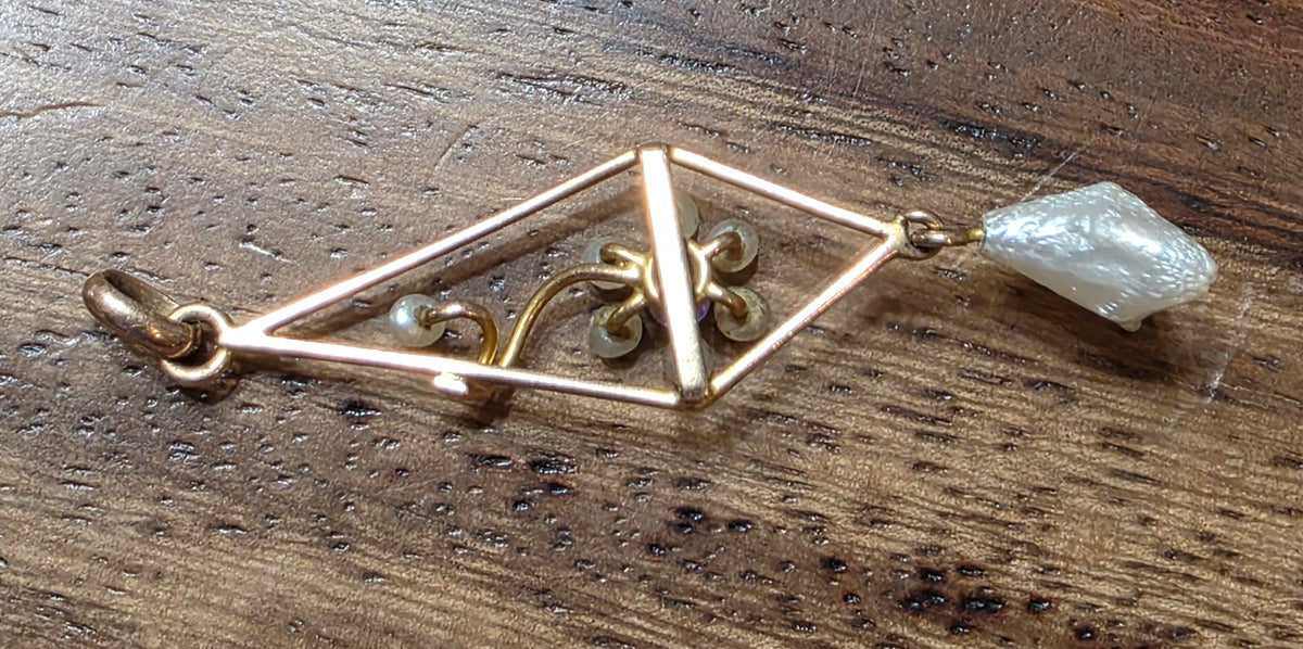 Antique Edwardian Era 10k Yellow Gold Amethyst & Pearl Lavalier Pendant