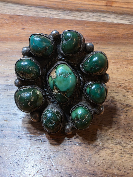 Vintage Old Pawn Navajo Sterling Silver & Green Turquoise Cluster Ring Size 8.25