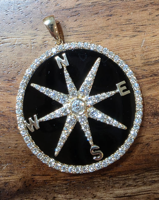 14k Yellow Gold Diamond & Black Onyx Compass Pendant