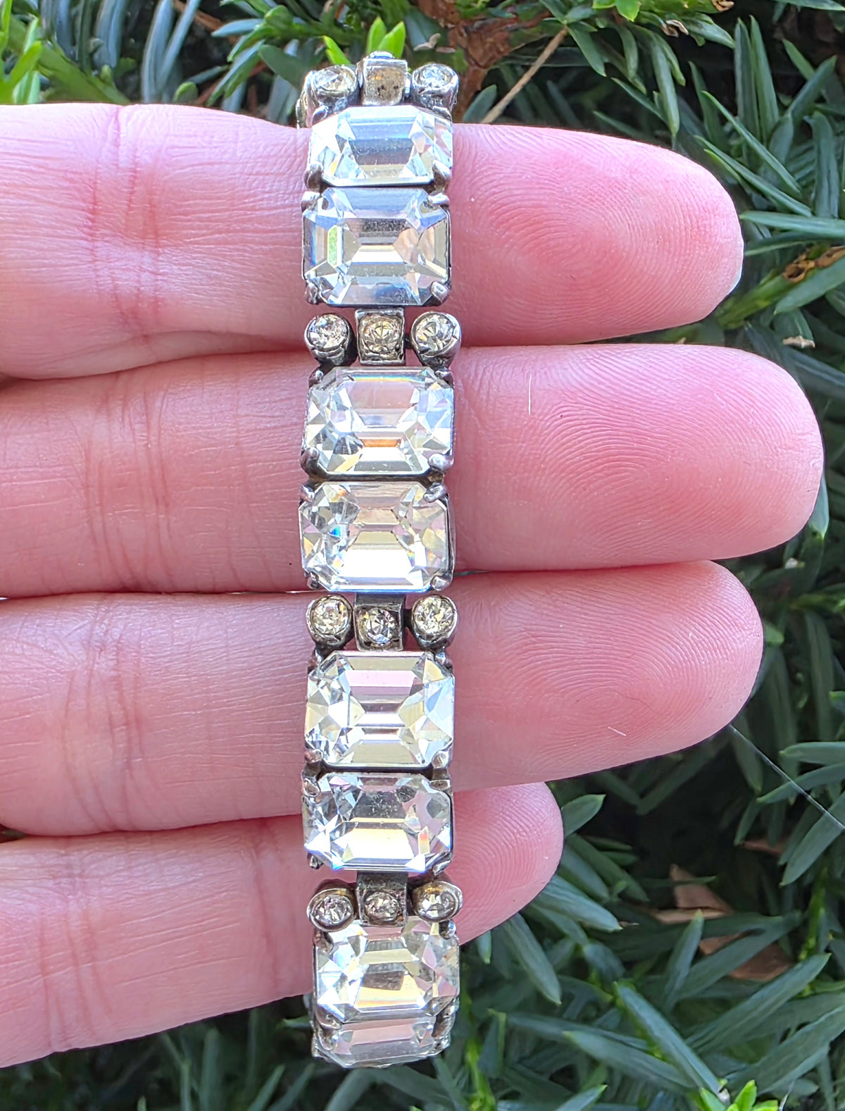 Vtg 1940s Eisenberg Original Sterling Silver Emerald Cut Rhinestone Bracelet