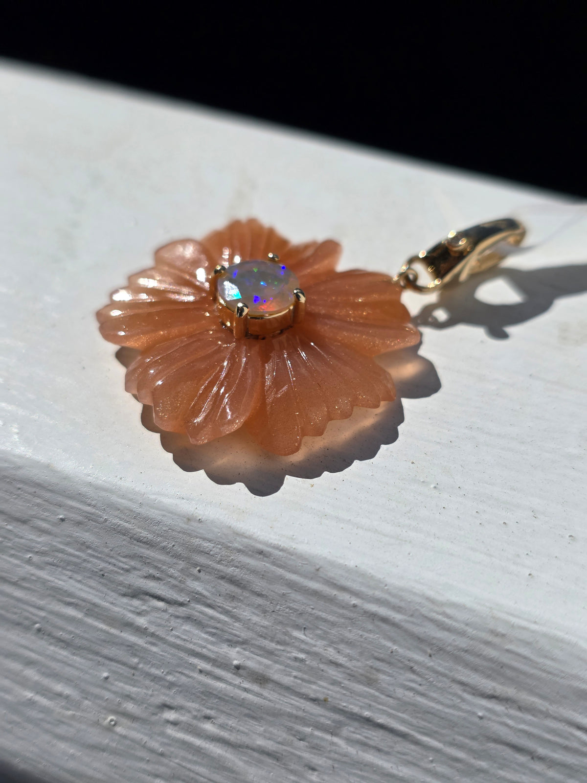 14k Gold Sunstone, Opal & Diamond Flower Pendant