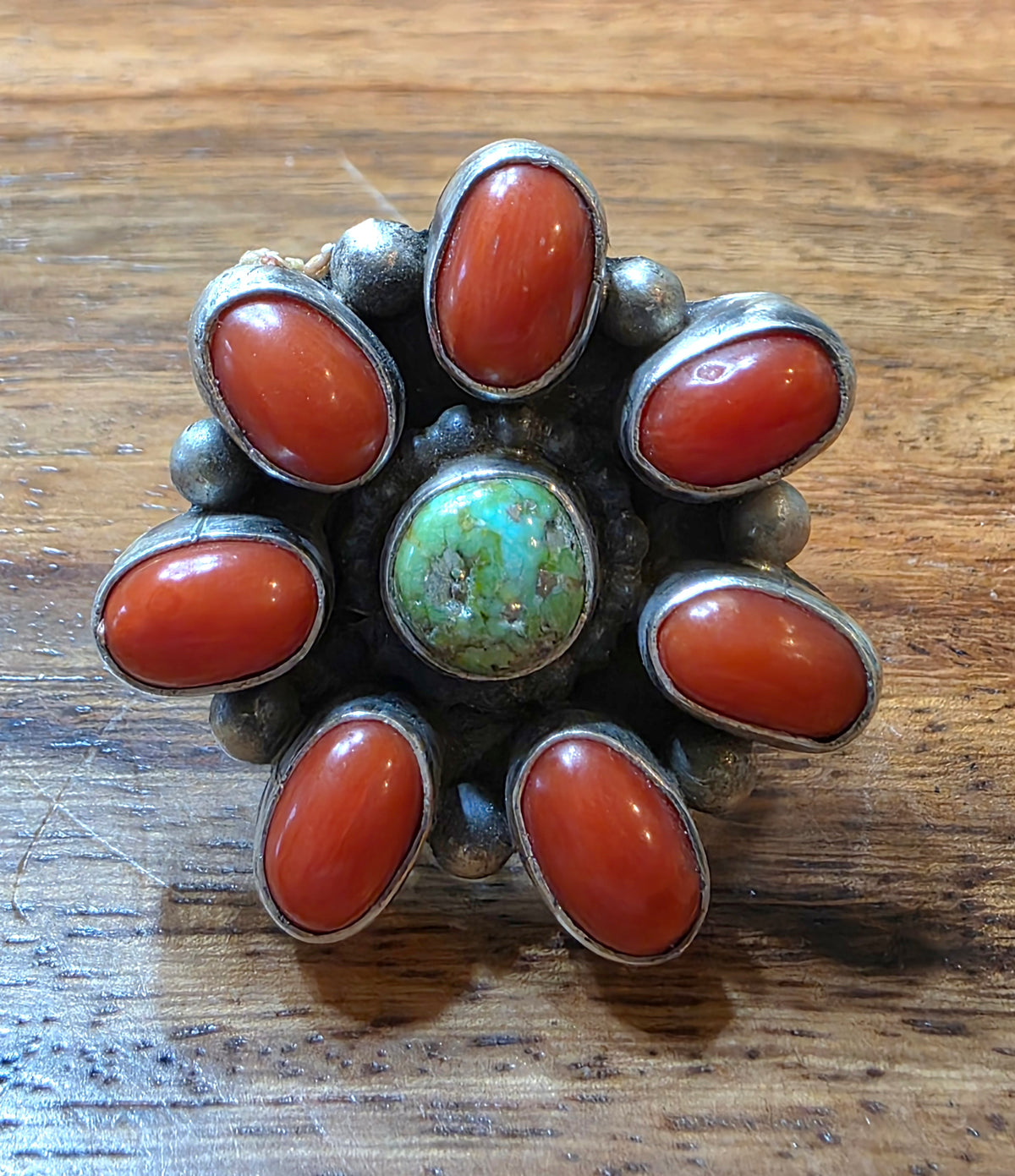Navajo Mediterranean Coral & Green Turquoise Cluster Ring