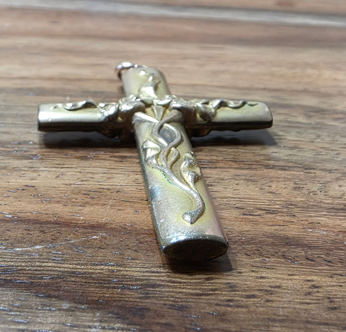 Art Nouveau Gold-Filled Floral Embossed Tube Cross Pendant