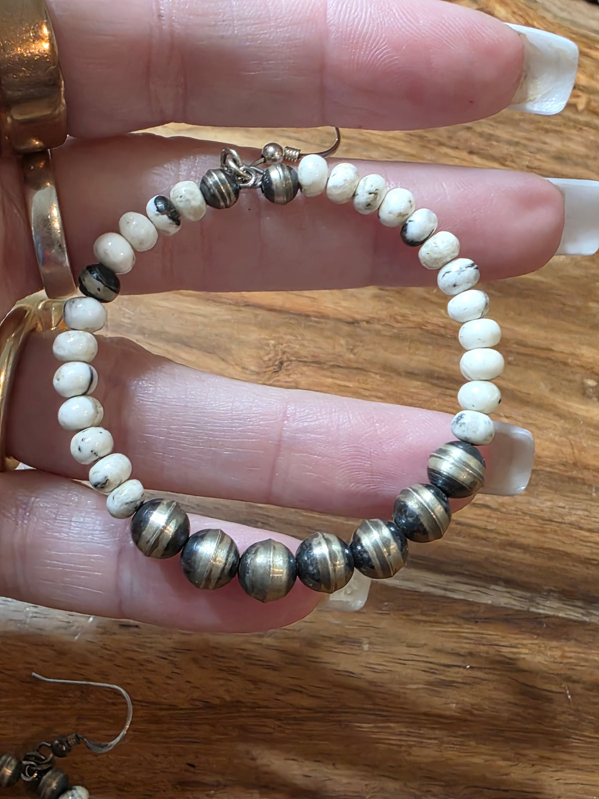 Native American Sterling Silver White Buffalo Navajo Pearls Hoop Earrings
