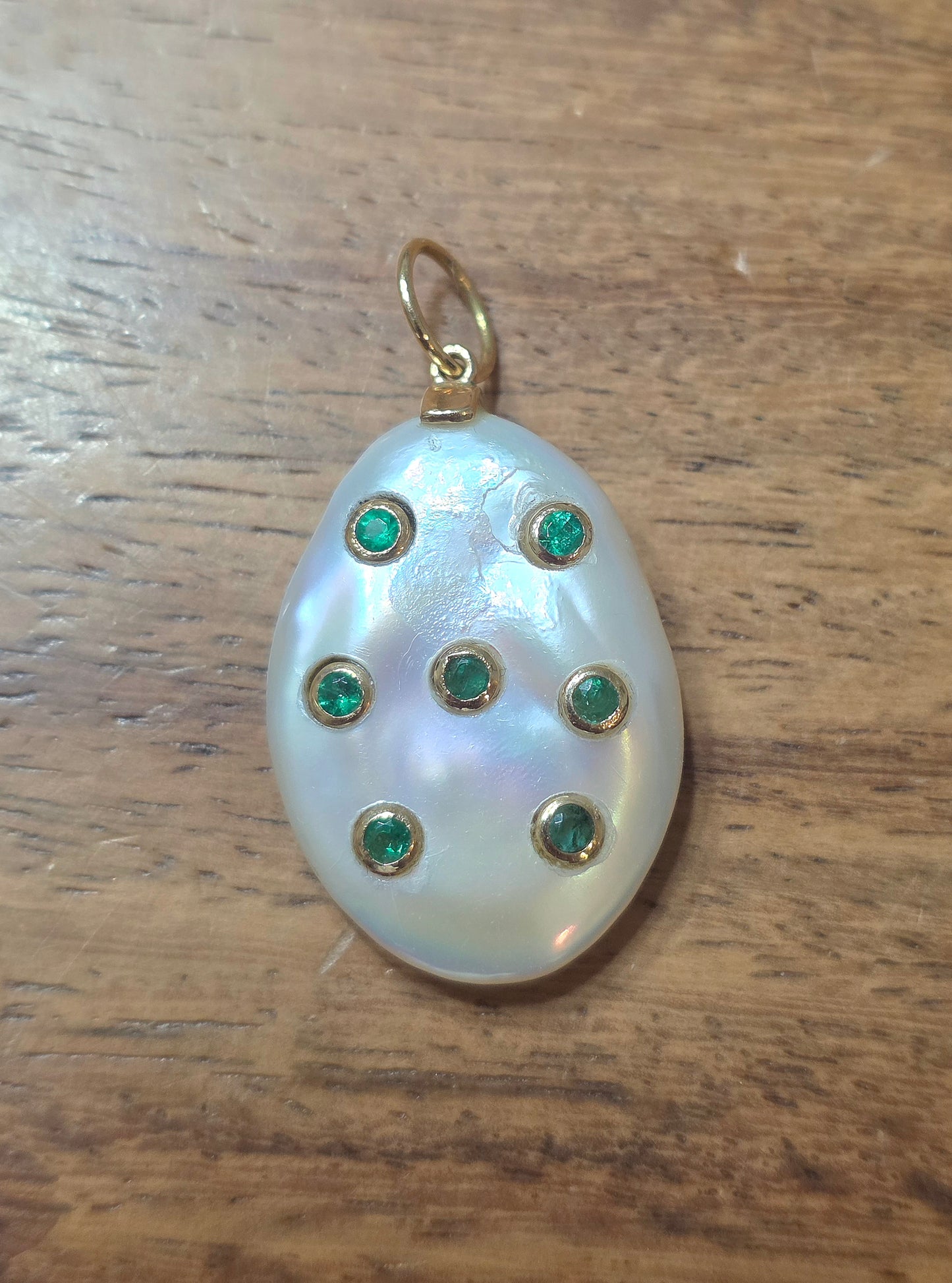 Bezel Set Emeralds on a Coin Pearl