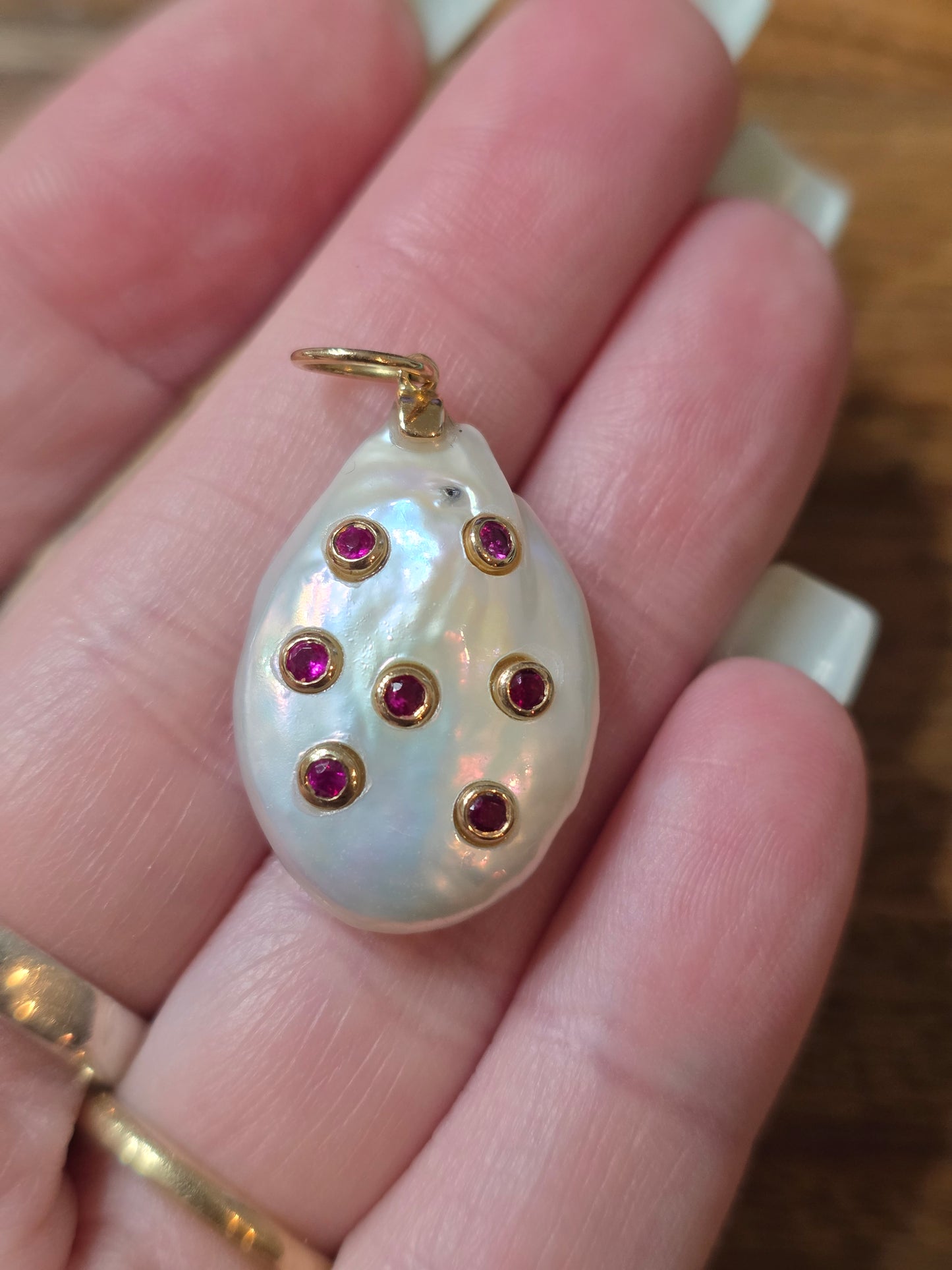 Unique 14k Gold Ruby & Pearl Pendant