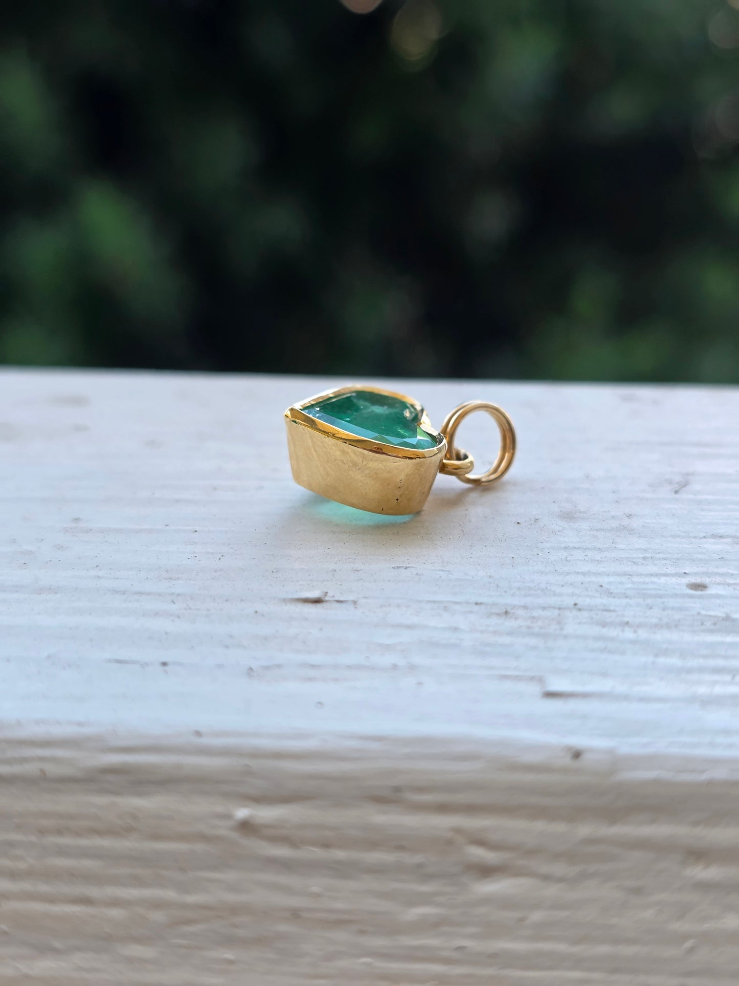 Columbian Emerald Bezel Heart Pendant, 14k