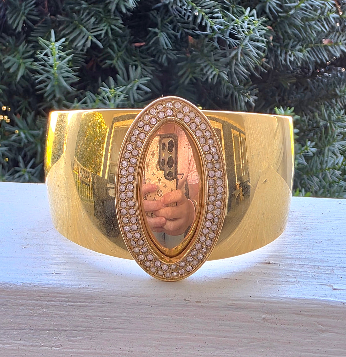 Vintage NAPIER Gold Tone Wide Cuff Bracelet Oval Rhinestone Statement Signed