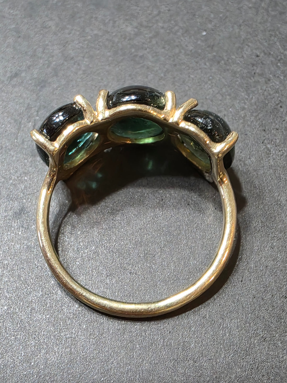 Charlie & Marcelle 14k Gold Small Gumdrop 3-Stone Green Tourmaline Cabochon Ring