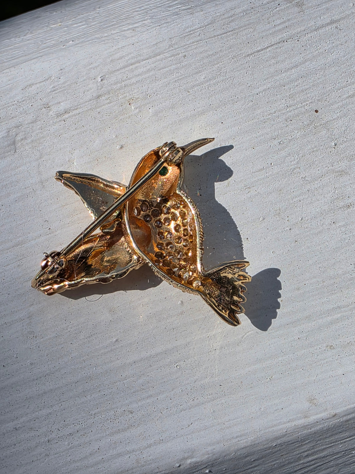 Vintage 14k Yellow Gold, Diamond & Emerald Hummingbird Brooch Pin