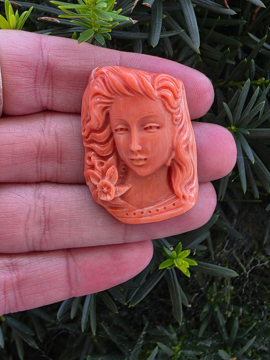 Antique Hand-Carved Natural Salmon Coral Cameo Loose Gemstone | 15.6g / 78ct