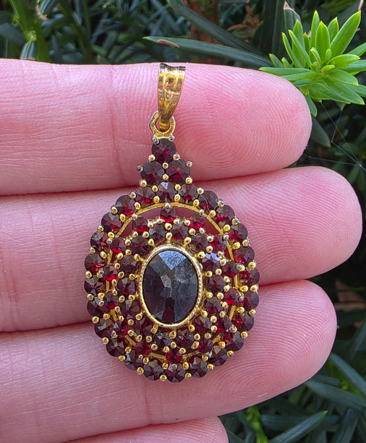 Vintage Bohemian Garnet Cluster Pendant, 900 Silver Gold Vermeil, Czech Pyrope