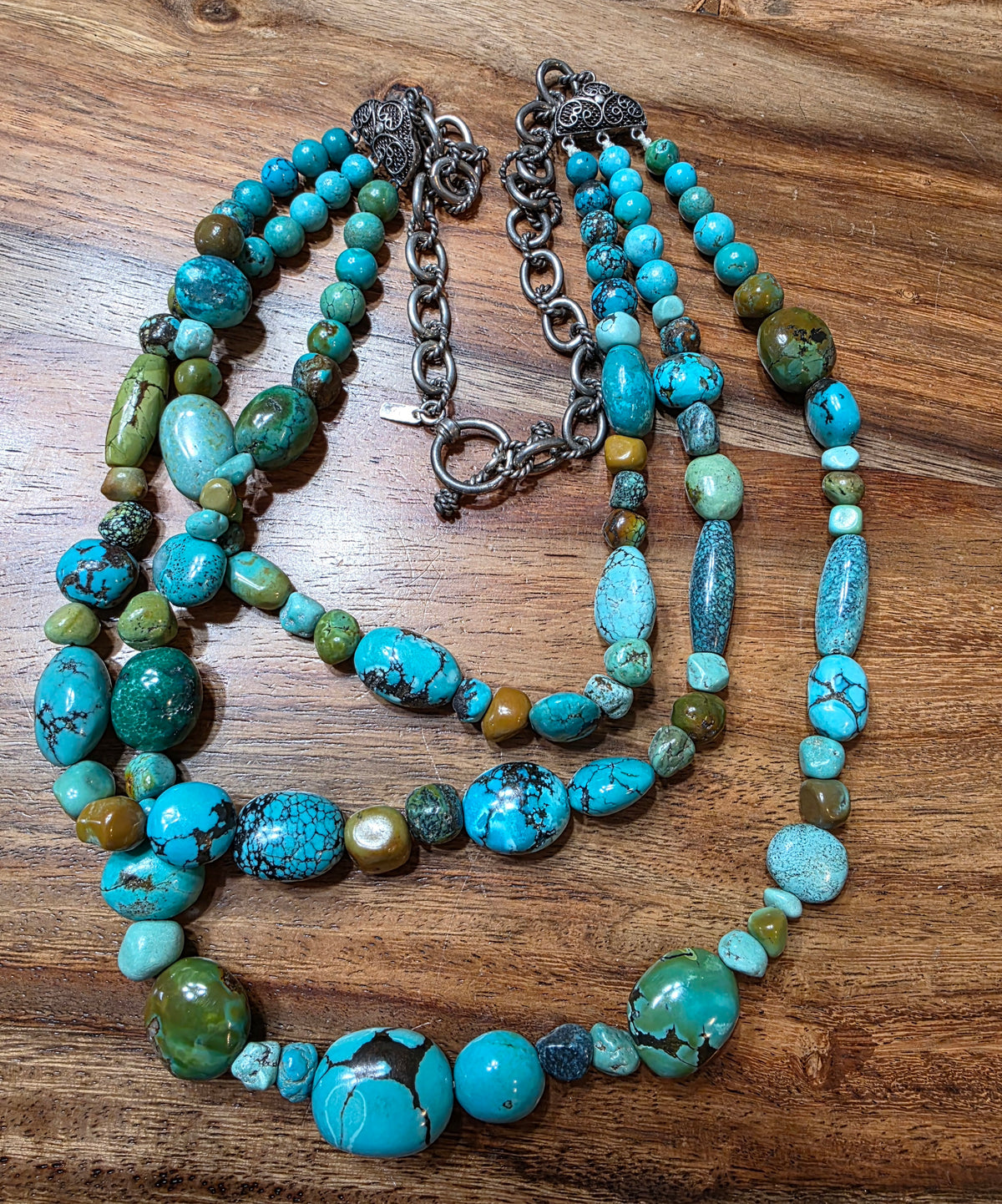Signed BJ China 925 Sterling Silver Multi 3 Strand Turquoise Chunky Bib Necklace