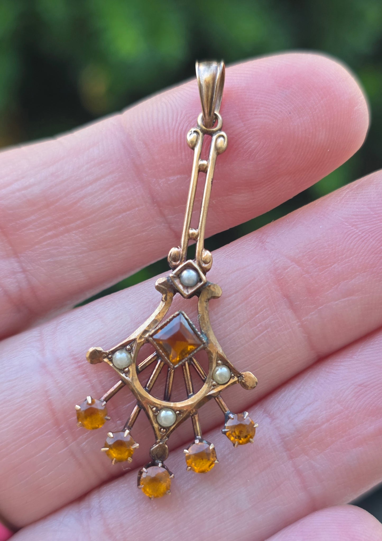 Antique 10k Gold Citrine and Seed Pearl Lavalier Pendant