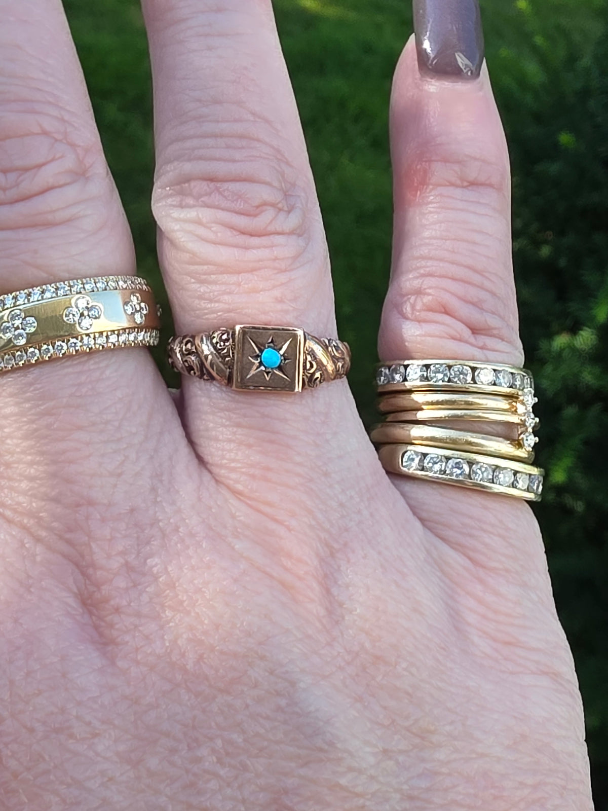 Antique Victorian 10k Rose Gold Embossed Starburst Turquoise Signet Ring
