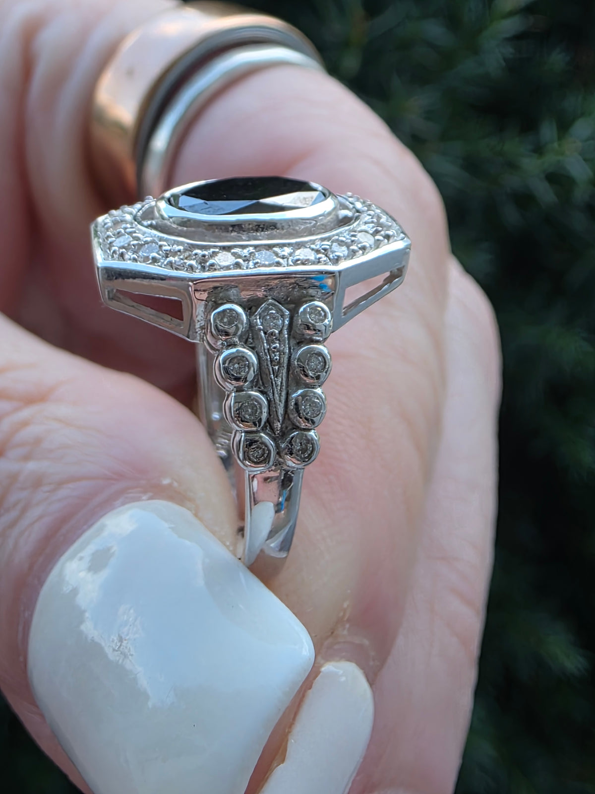 Estate 14k Oval Cut Black Diamond Halo Ring