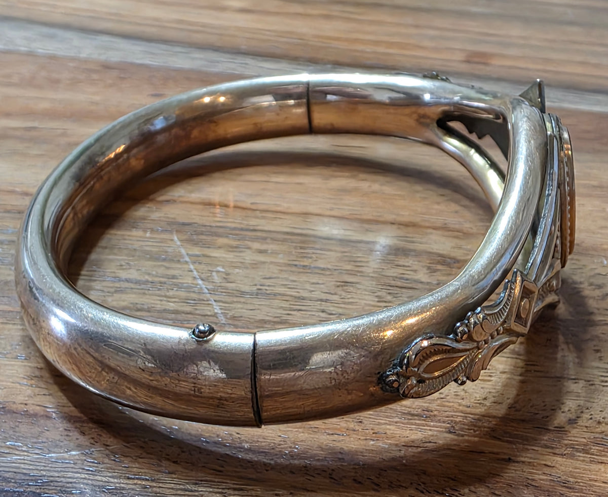 Antique Art Nouveau Gold-Filled Hinged Bangle Bracelet Monogram "E"