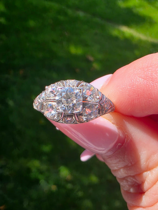 Art Deco Platinum Old Euro Cut Diamond Ring
