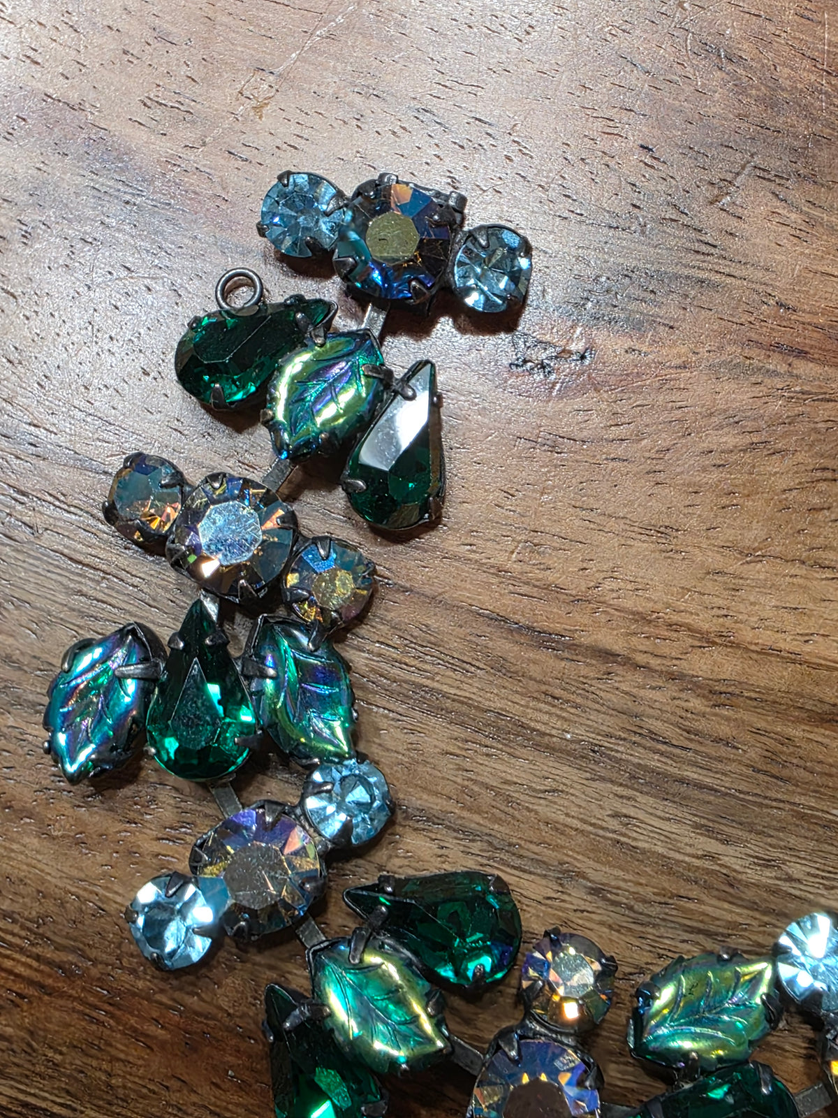 Vintage REGENCY Signed Green Molded Glass Leaf Rhinestone Necklace Bracelet Earring