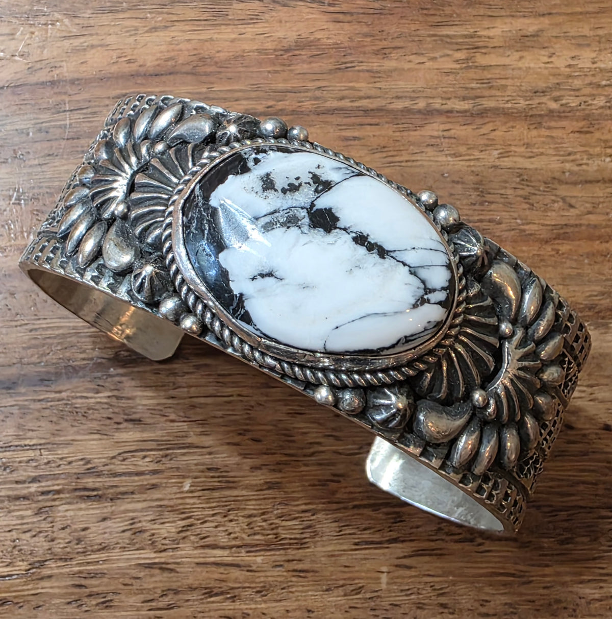 Navajo White Buffalo Wide Ornate Sterling Silver Cuff Bracelet Signed J.O. White