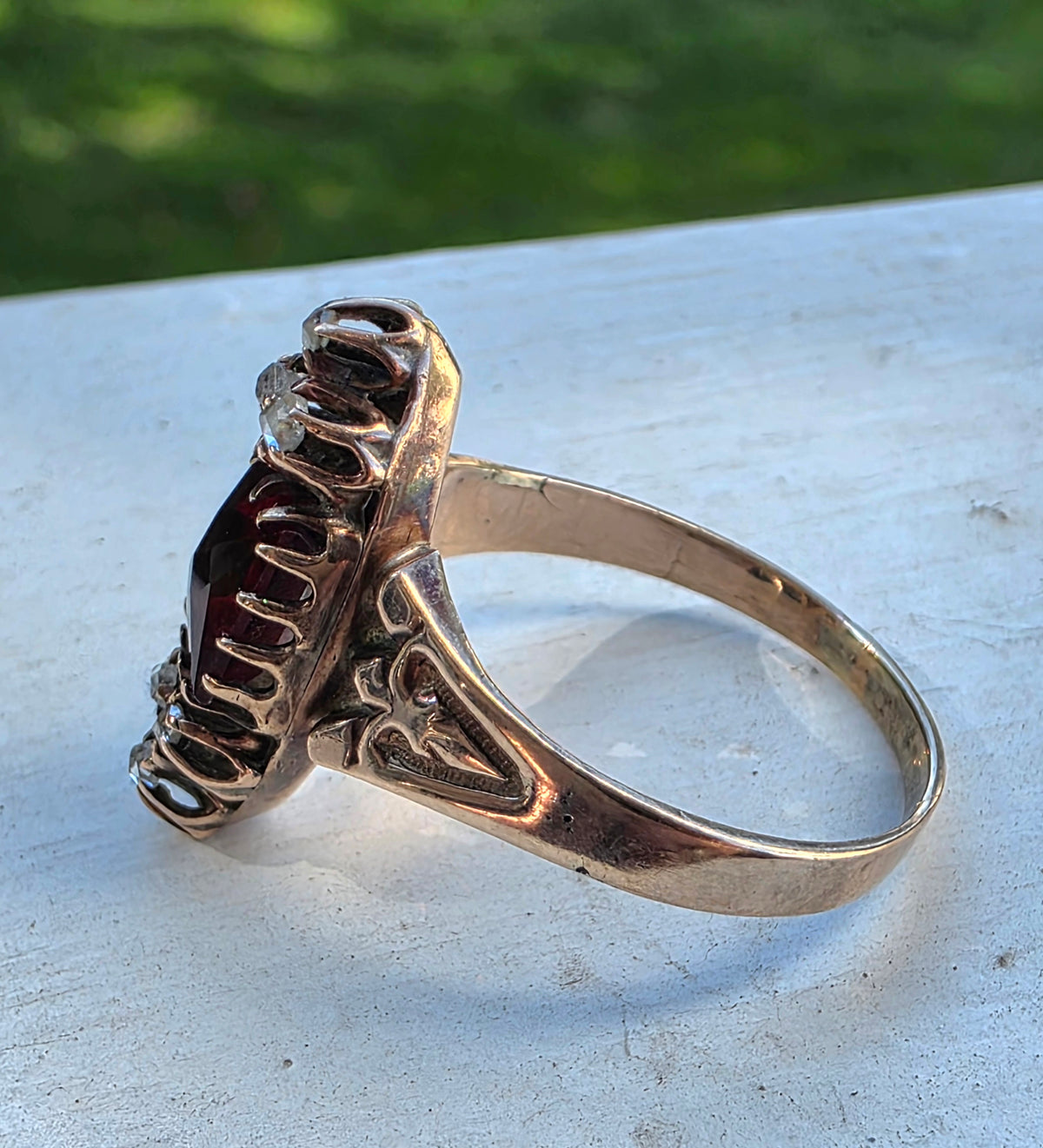 Antique Victorian 8K Gold Bohemian Garnet Rose Cut Diamond Ring, Size 7