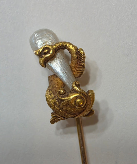 Art Nouveau 14k Gold And Freshwater Pearl Sea Serpent Stick Pin