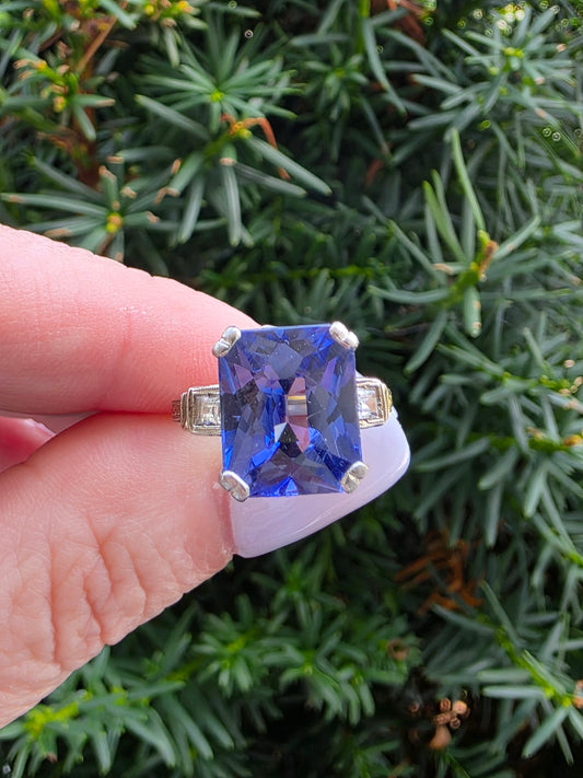 Vintage 14k White Gold Synthetic Sapphire & White Topaz Ring