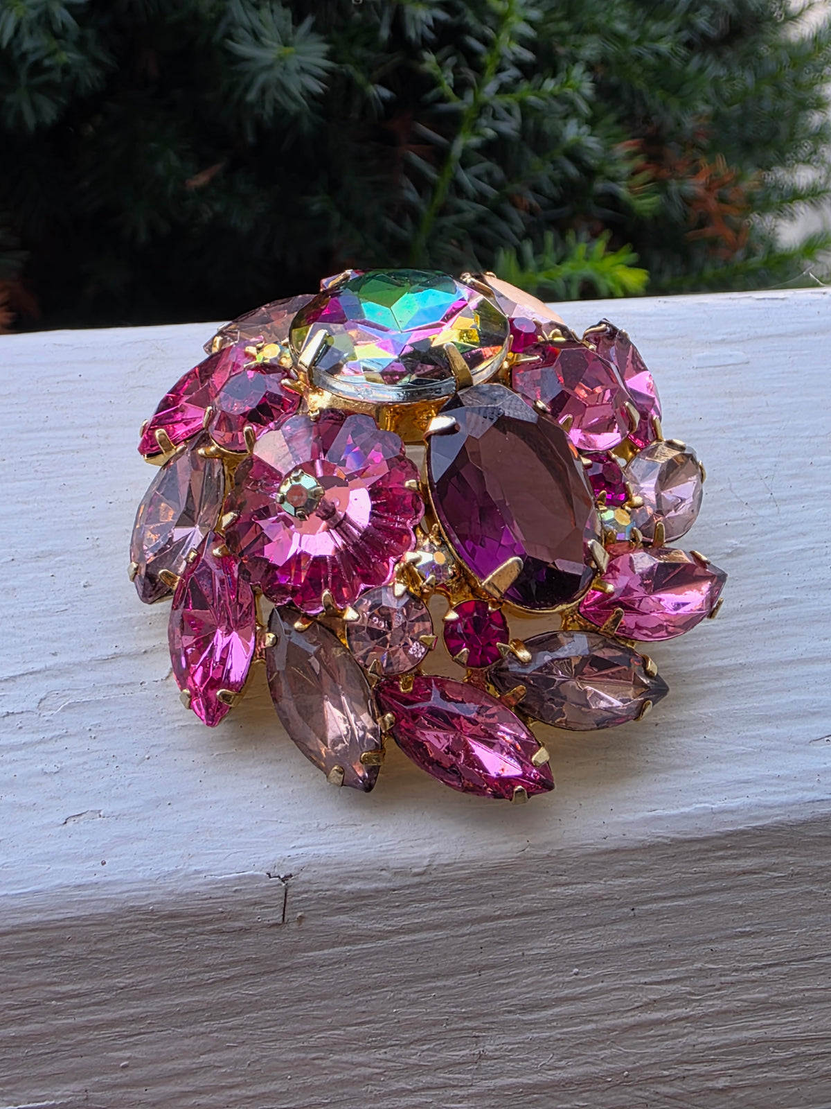 Vibrant Vintage Unsigned Pink Rhinestone Rivoli & Watermelon Brooch Pin