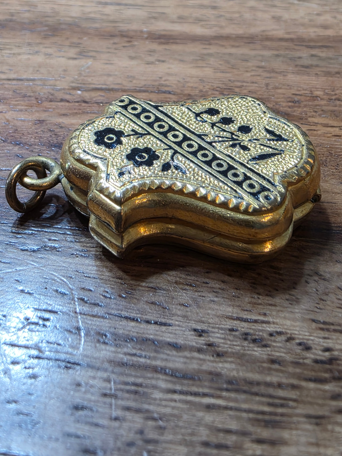 Antique Victorian 1880s Gold Filled Shield Locket Black Enamel Floral Design